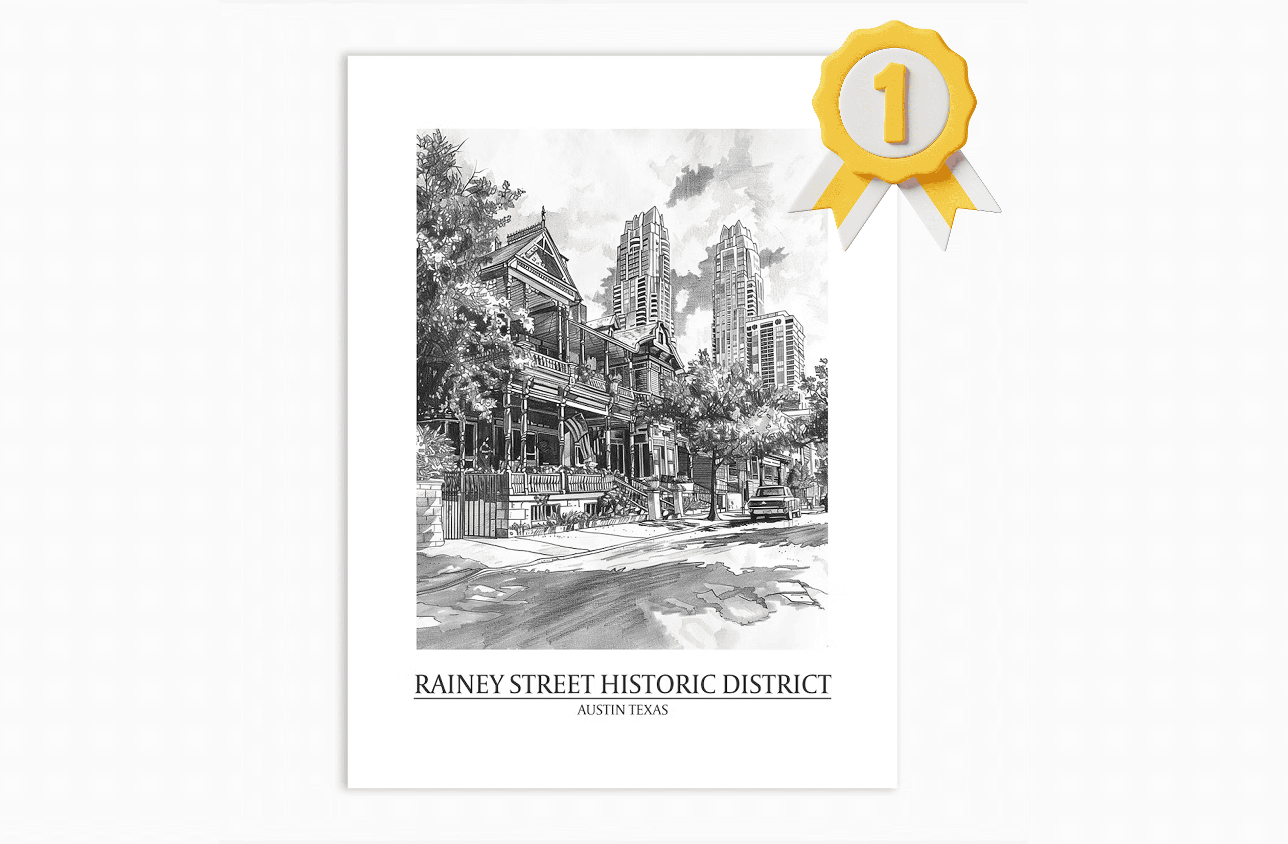 A stylized monochrome depiction of Rainey Street in Austin